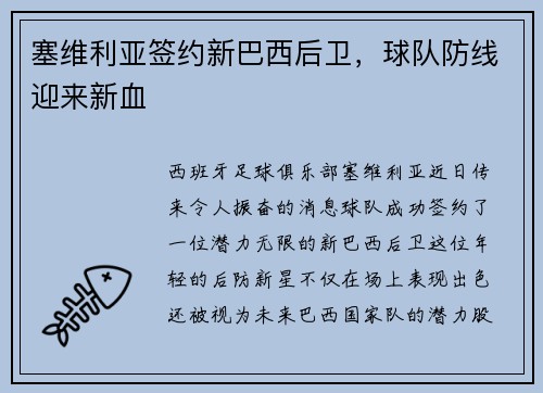 塞维利亚签约新巴西后卫，球队防线迎来新血
